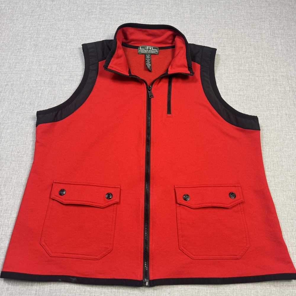 Lauren Ralph Lauren Vest Womens XL Red Collared Full Zip Pockets Cotton Blend - Picture 4 of 10